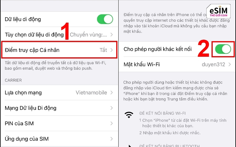 Hướng dẫn cách phát WiFi từ eSIM du lịch trên điện thoại iphone